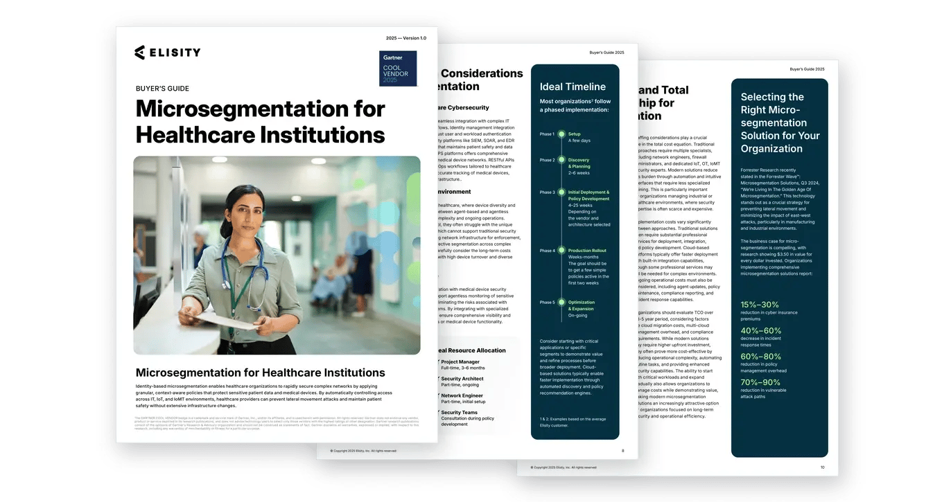Elisity Microsegmentation Buyer’s Guide and Checklist for Healthcare Institutions, cover and interior pages