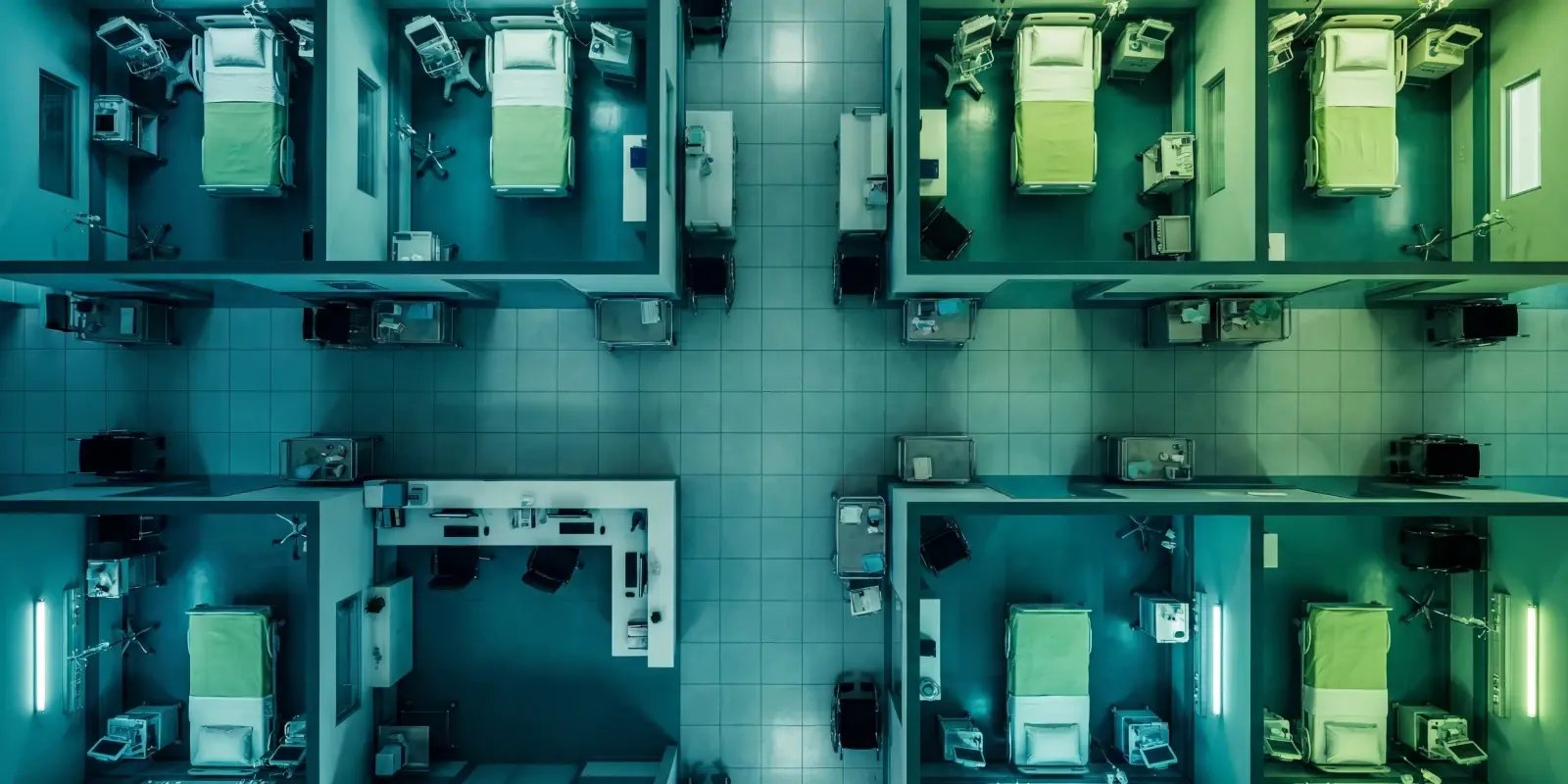 Top-down view of hospital patient rooms and corridor illustrating hospital cyber resilience