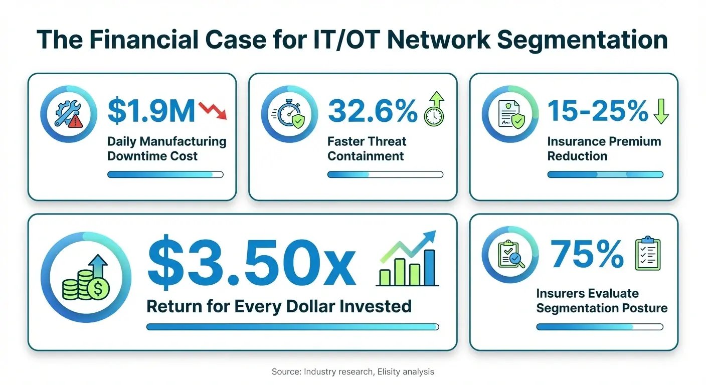 IT OT network segmentation ROI showing 1.9M daily downtime cost and 3.50 return per dollar invested in segmentation