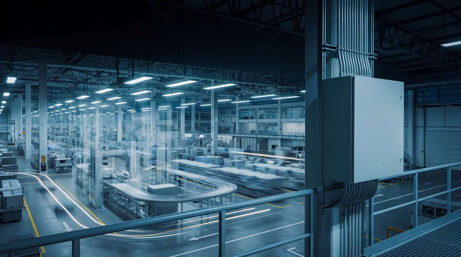 Night-shift factory floor blurs with motion around a still network appliance during a microsegmentation deployment