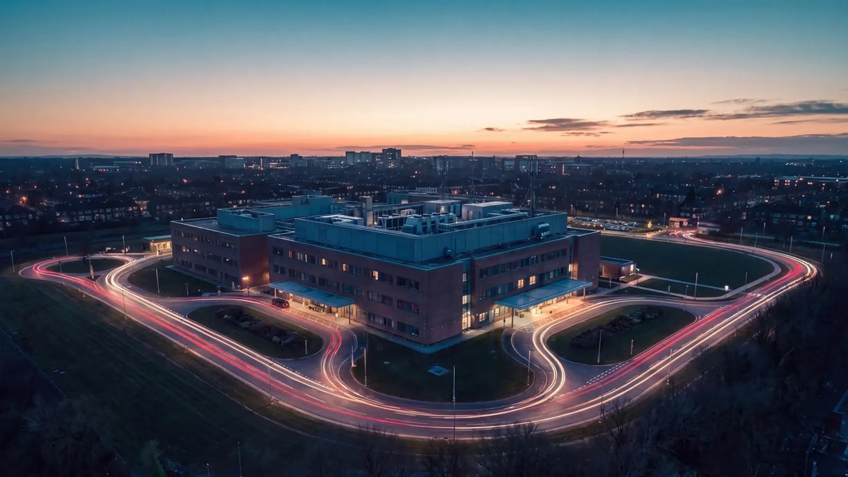 Aerial dusk view of a hospital campus with traffic light trails, illustrating microsegmentation in healthcare
