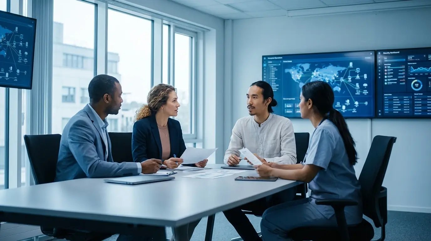 Healthcare security team collaborating on microsegmentation strategy with network dashboards in background