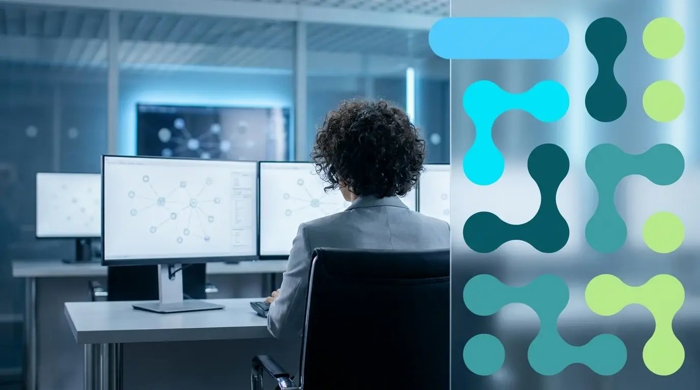 Enterprise security leader reviewing network topology on multiple monitors, illustrating the microsegmentation say-do gap