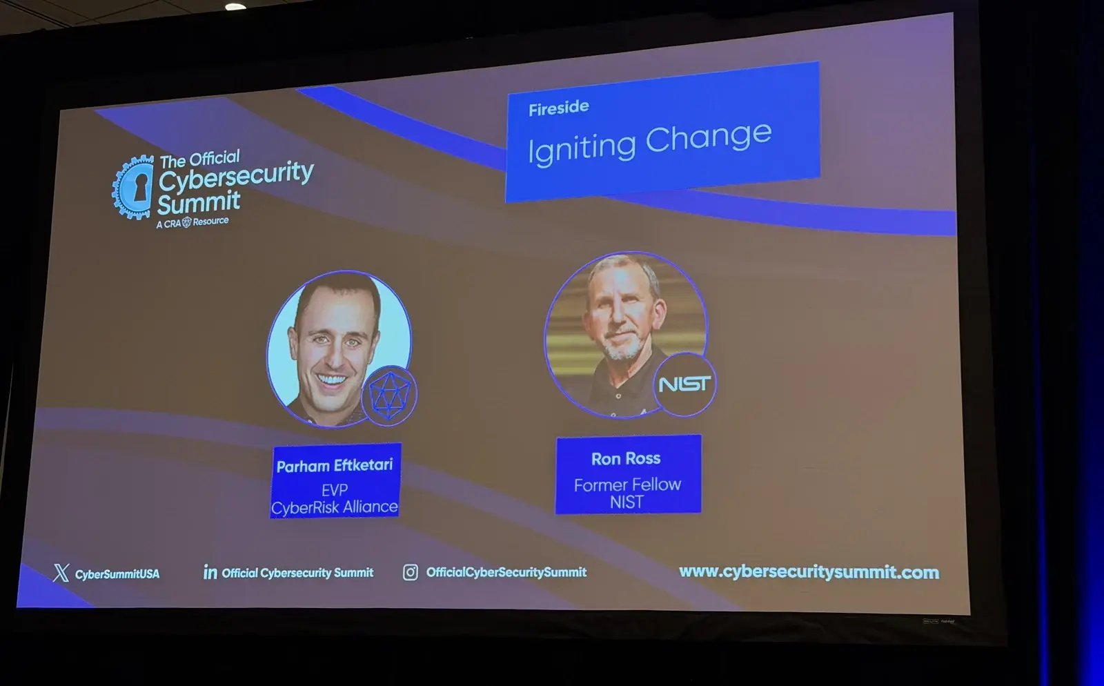 Parham Eftekhari interviewing Dr. Ron Ross during the opening fireside chat at Cybersecurity Summit Boston 2026