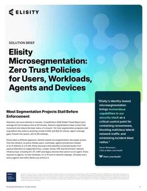 Cover of the Elisity microsegmentation solution brief: Zero Trust policies for users, workloads, agents and devices