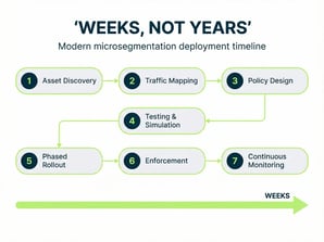 Microsegmentation implementation timeline showing 7 steps in weeks not years