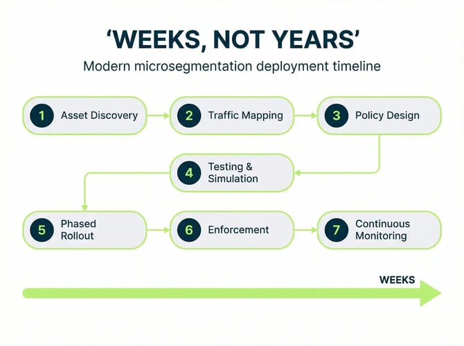 Microsegmentation implementation timeline showing 7 steps in weeks not years