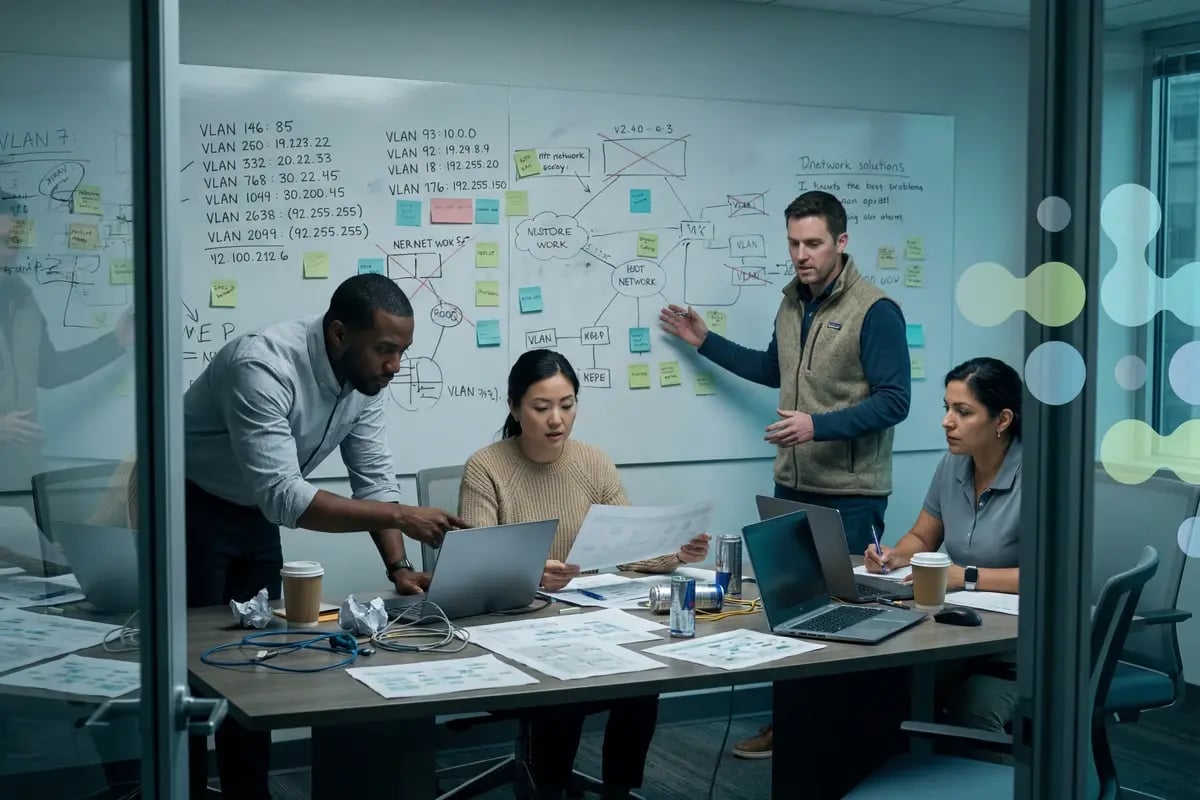 IT professionals mapping network segmentation in a conference room war room