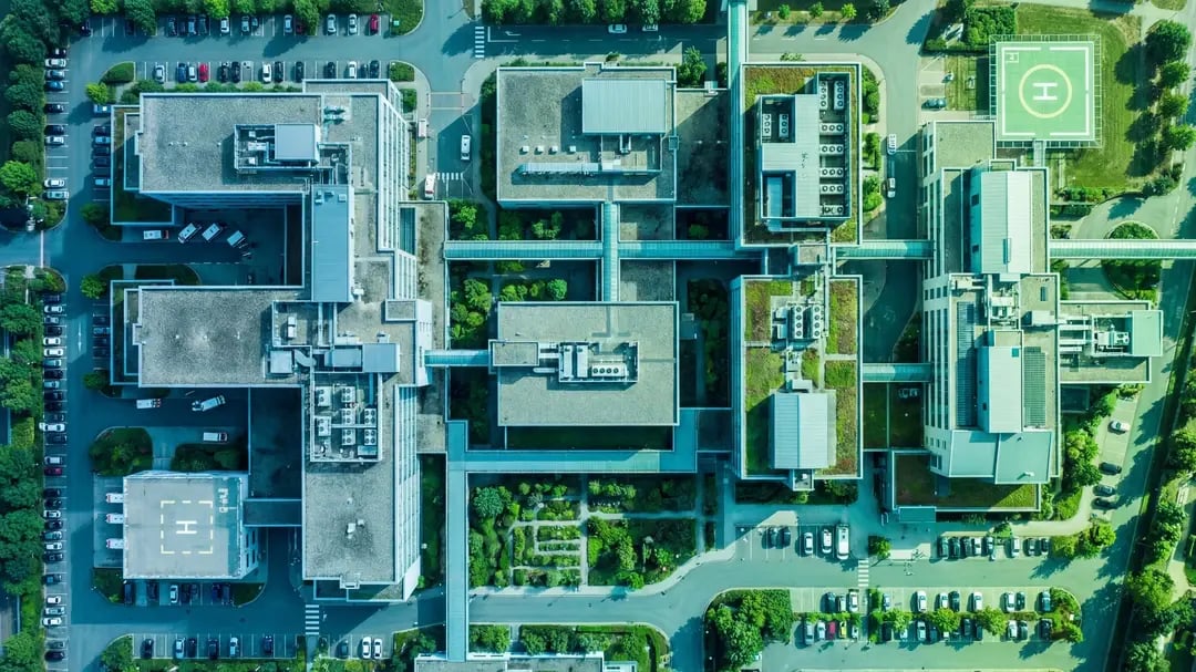 Aerial view of modern enterprise campus representing network microsegmentation
