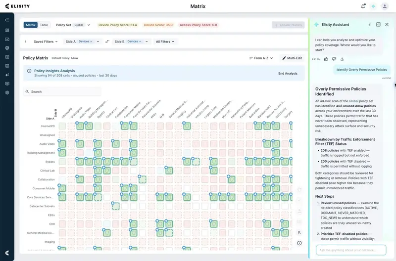 Elisity Assistant identifies overly permissive Allow policies and highlights them in the redesigned policy matrix.