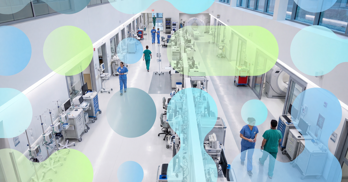 Hospital environment with network microsegmentation nodes overlay showing Elisity-Armis medical device protection