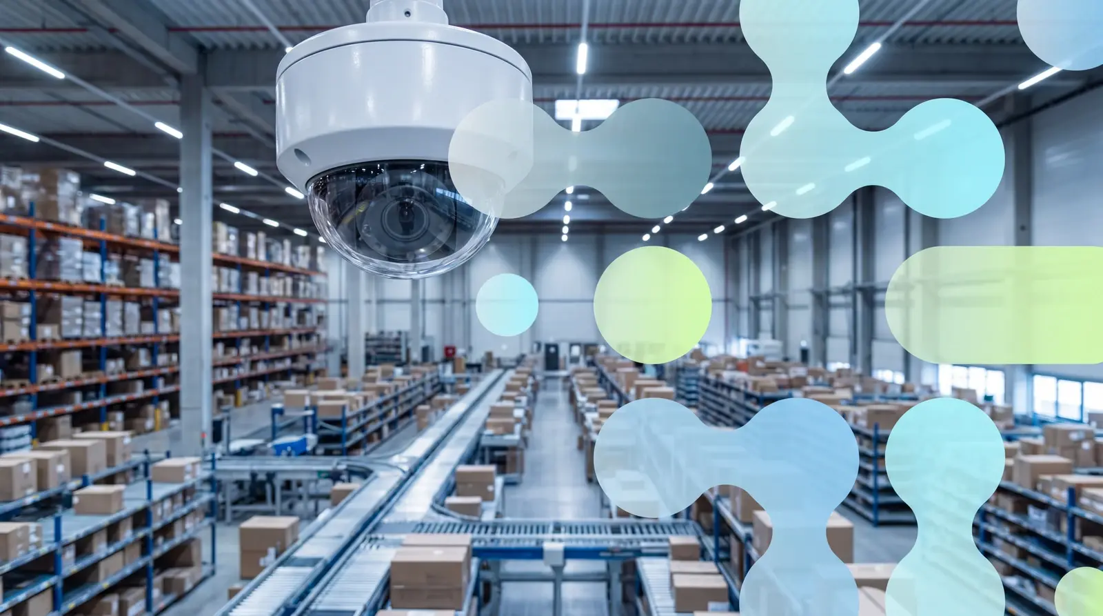 Dome security camera in a warehouse distribution center with Elisity IoT device security network overlay