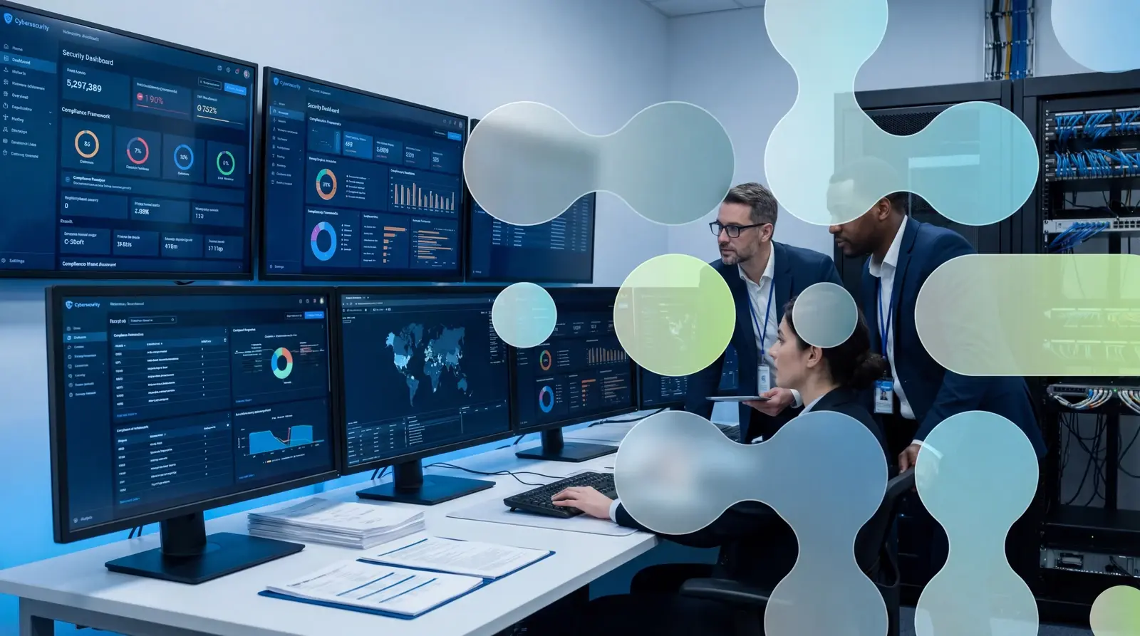 Microsegmentation compliance team reviewing security frameworks in a modern operations center