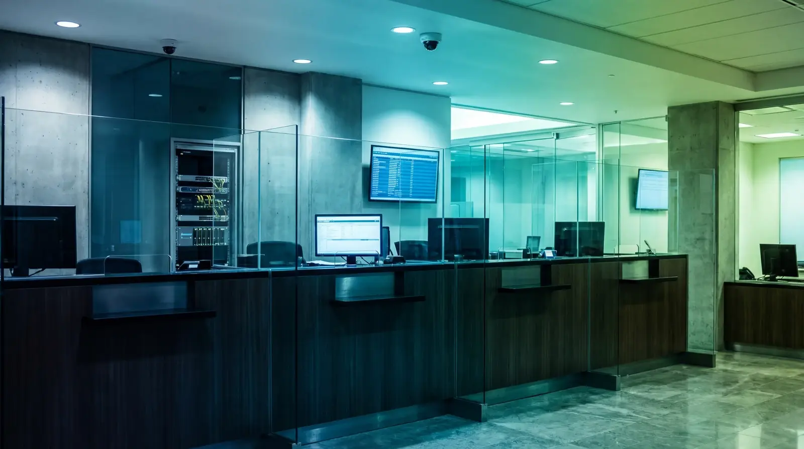 Modern bank branch teller stations showing PCI DSS network segmentation vulnerability points in financial services