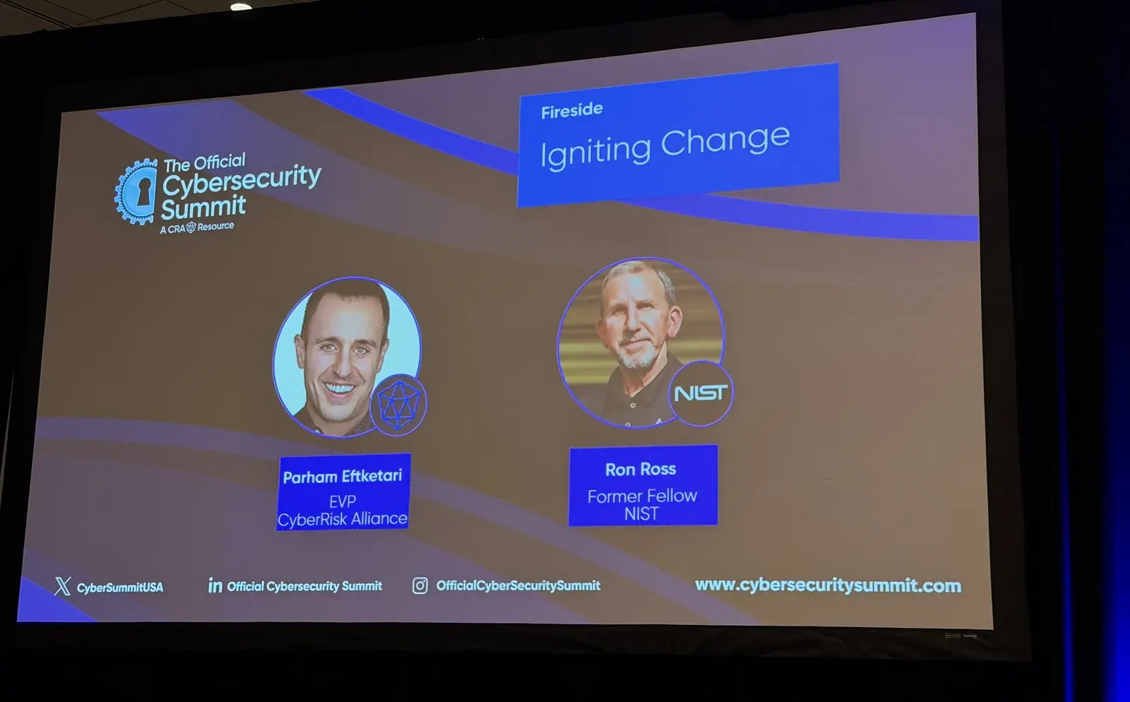 Parham Eftekhari interviewing Dr. Ron Ross during the opening fireside chat at Cybersecurity Summit Boston 2026