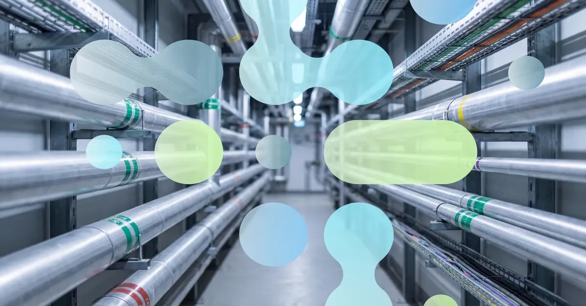 Industrial utility corridor with parallel pipe runs and conduits representing dual security architecture