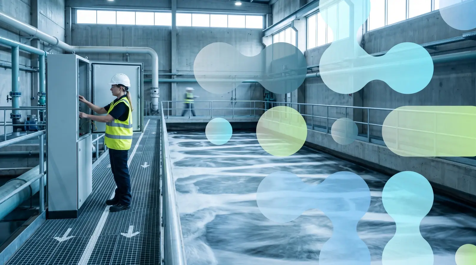 Water utility operator at an open PLC control cabinet inside a municipal treatment plant, aeration basin flowing past