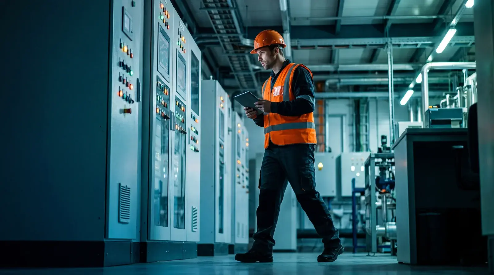 Engineer with tablet walking through industrial control room inspecting SCADA panels and OT equipment in blue lighting