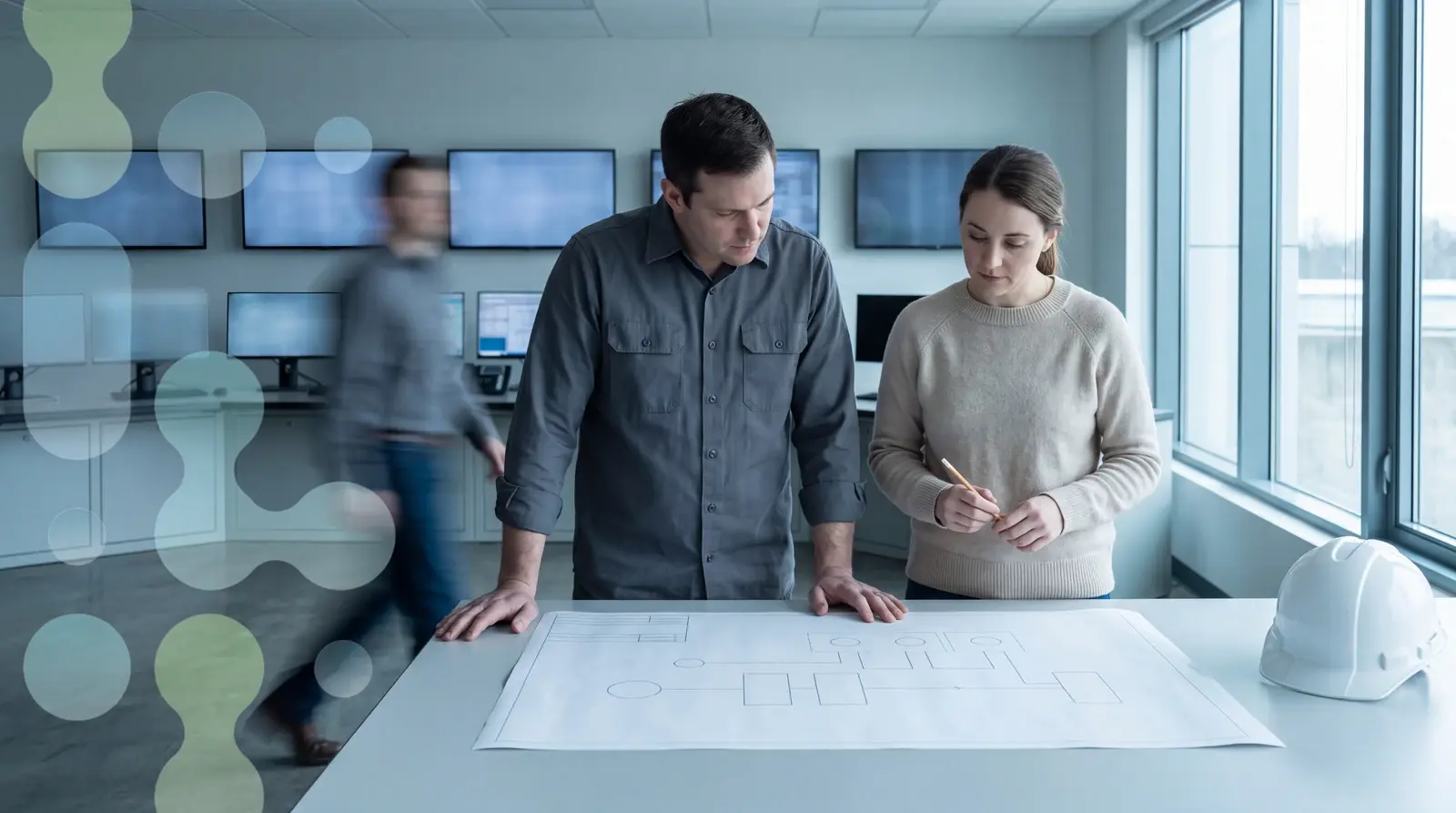 Two water utility engineers reviewing a plant schematic together in the control room