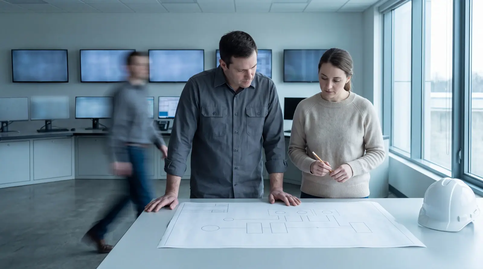 Two water utility engineers reviewing plant drawings in a control room while evaluating OT segmentation options