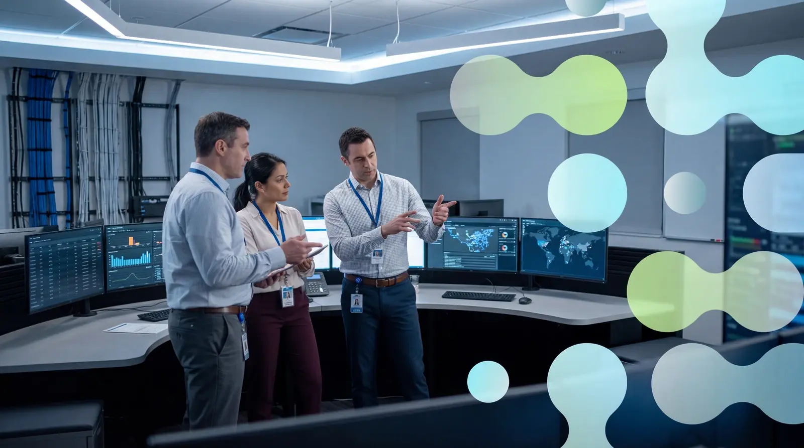 IT professionals in a network operations center discussing identity-based microsegmentation strategy