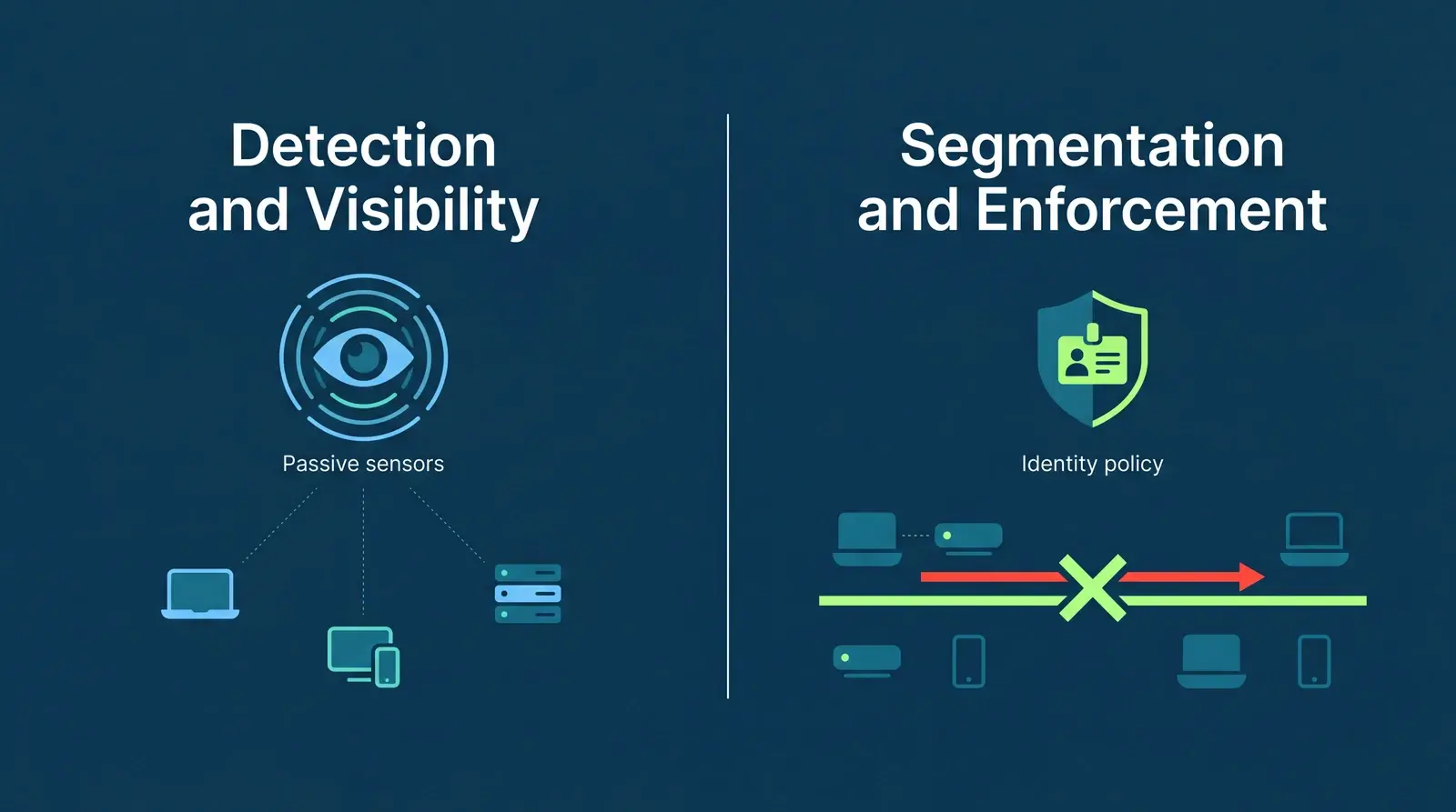 Two lanes of OT security: passive detection and visibility on the left, identity-based segmentation and enforcement on the right