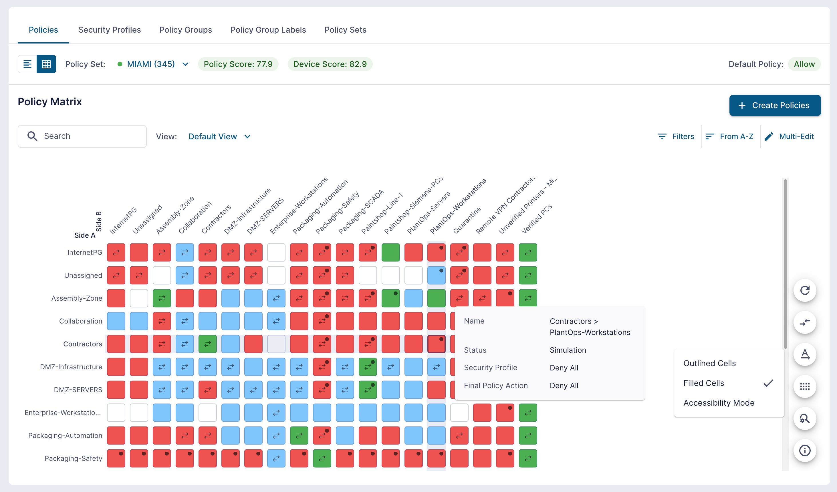 Elisity policy matrix with a policy marked Simulation before enforcement